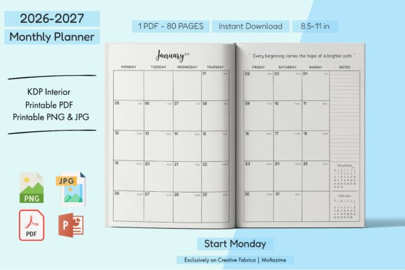 2026–2027 Monthly Planner Start Monday