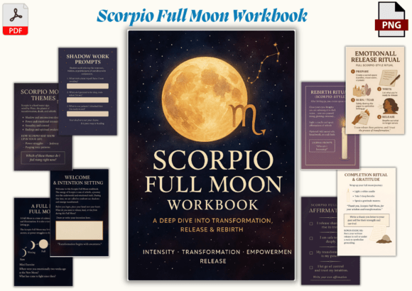 Scorpio Full Moon Workbook Shadow Work and Scorpio Full Moon Workbook Shadow Work Ritual Journal 6x9 PNG PDF Bundle